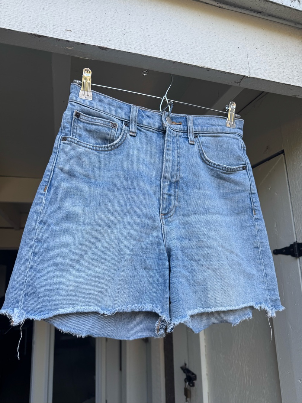 Denim Forum Light Blue High-Rise Raw Hem Jean Shorts